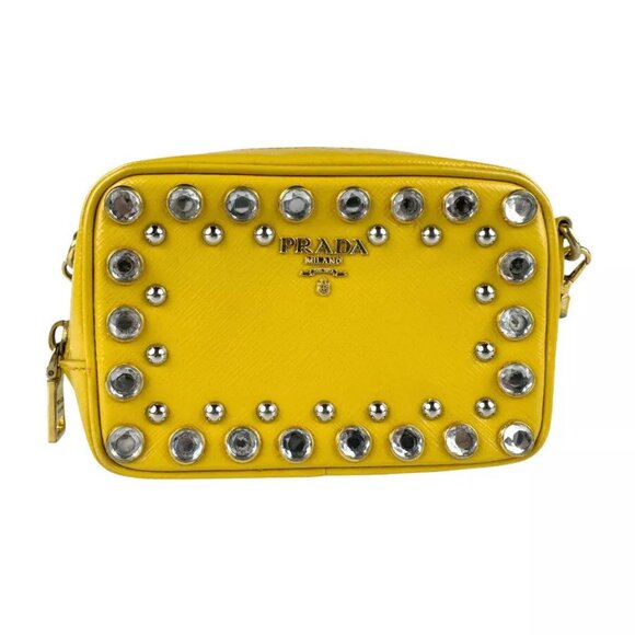Auth PRADA Crossbody Shoulder Bag Yellow/Silver Leather/Bijou/Metal - z3543